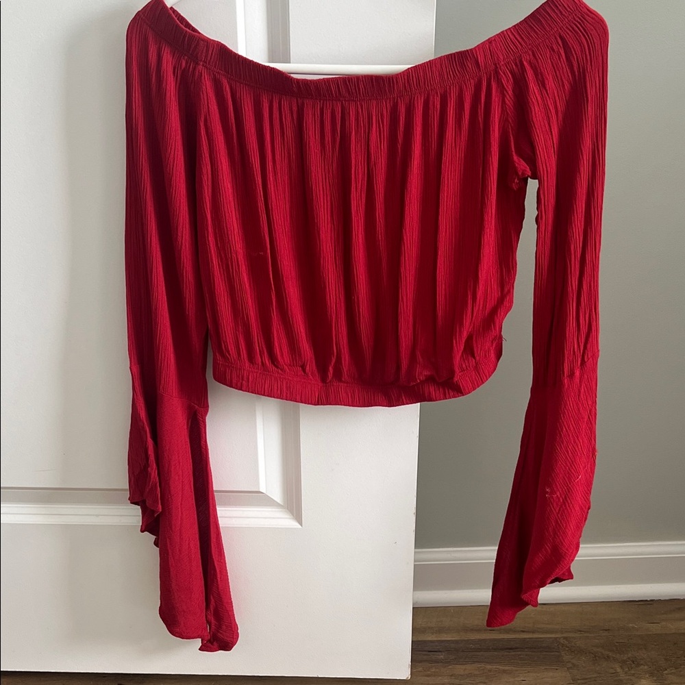 Red Off-Shoulder Long Sleeve Crop Top